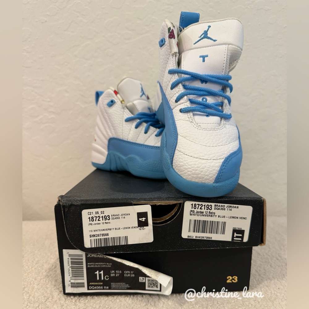 Jordan 12 Retro sz 11c- white/university blue, lemon venom